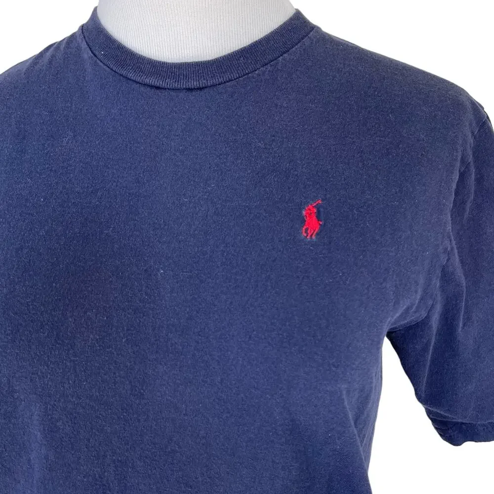 Boys M 10 Ralph Lauren Short Sleeve Navy Blue Tee Shirt Red Polo Pony